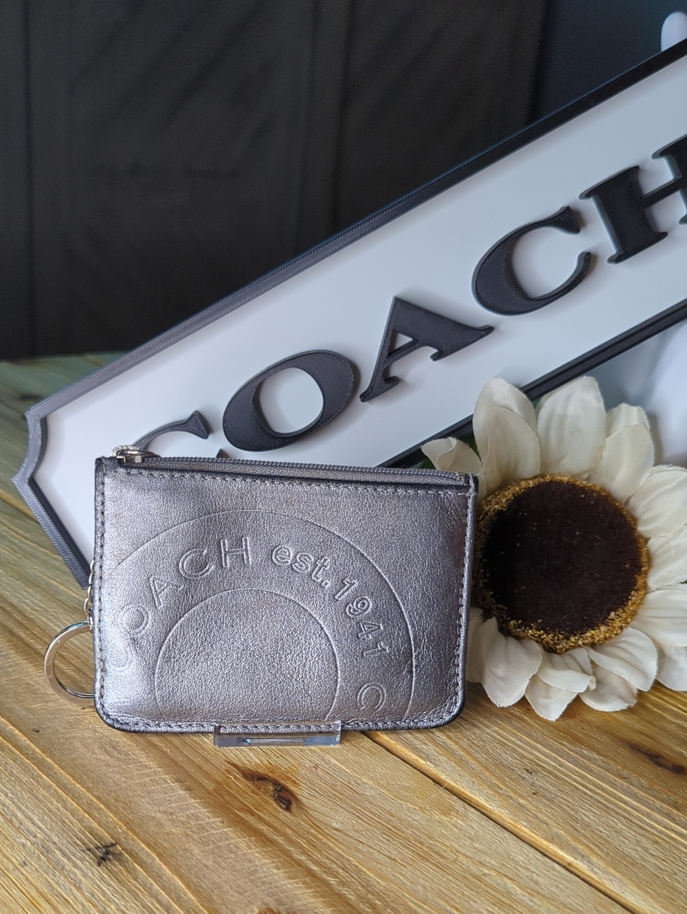 Coach Metallic Pewter Snap head Zip Card And Key Holder